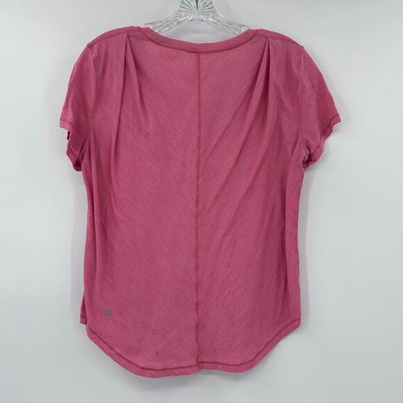 Lululemon Pink Micro Stripe Tee Shirt Round Hem Shoulder Pleat Womens Size 4 - Picture 8 of 12